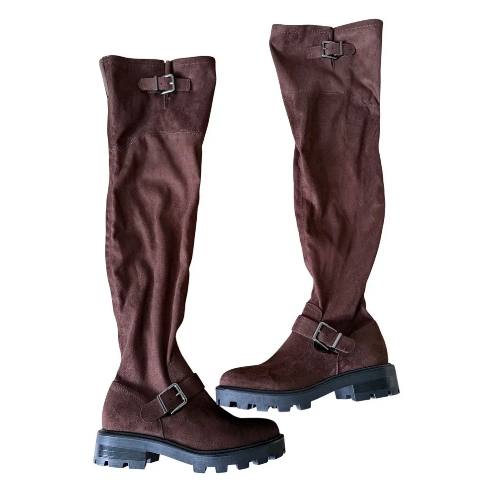 Marc Fisher LTD Ganven Brown Faux Leather Over The Knee Lug Sole Buckle Boot 8